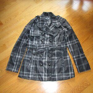 Women's Black Plaid 100% Polyester Belted Trench Coat Size Small